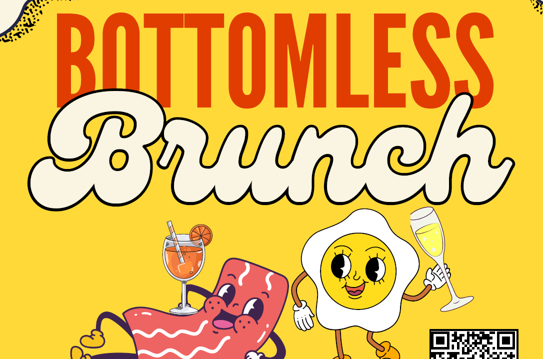 Illustration with text 'BOTTOMLESS Brunch' above a smiling cartoon bacon strip holding a cocktail and a happy fried egg holding a champagne glass on a yellow background.