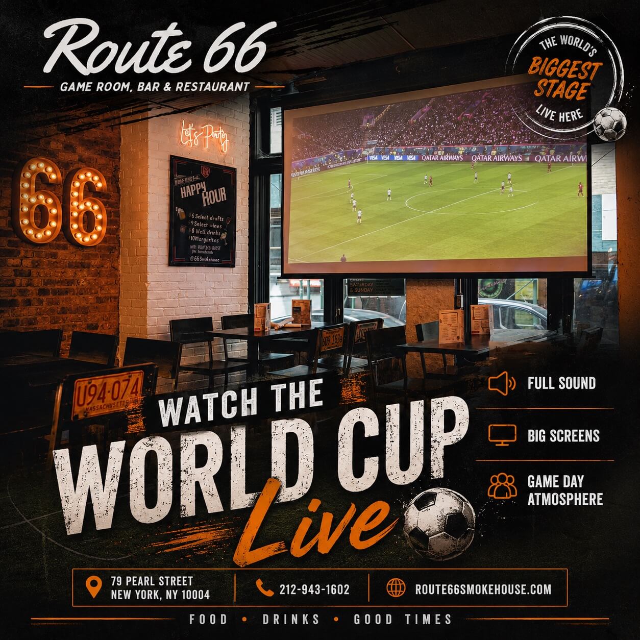 Fans watching World Cup soccer matches live on big screens at Route 66 American Kitchen & Bar in the Financial District of New York City.